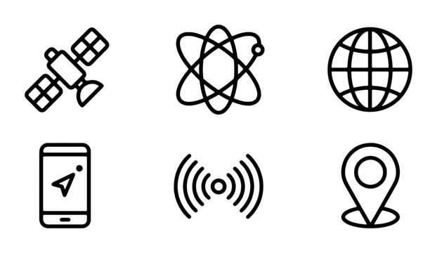 Technology Icons: Satellite, Atom, Globe, GPS Phone, Signal, Location Pin