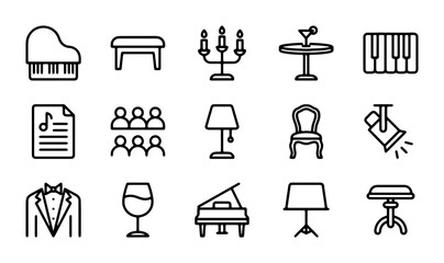 Elegant Music Icons: Piano, Stage Lights, and Formal Attire Vector Set for Concert and Event Design © Fazol