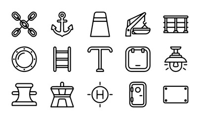 Nautical Icons Set: Anchor, Ship Wheel, Porthole, Buoy, Crane, 15 Marine Vector Elements © Abir