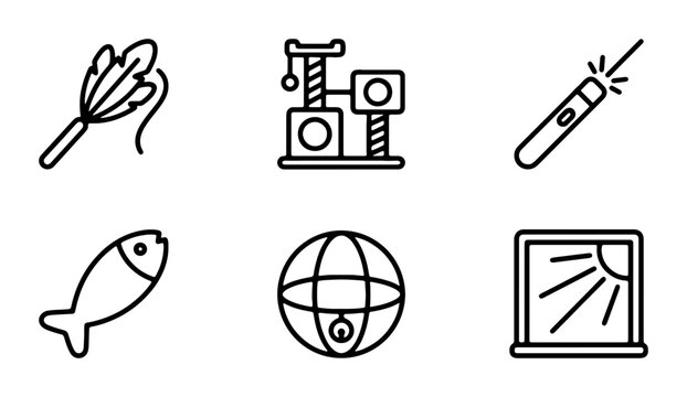 Cute Cat Icons Set: Playful Toys, Scratching Post, Laser Pointer, Fish Treat, Globe, Sunny Window
