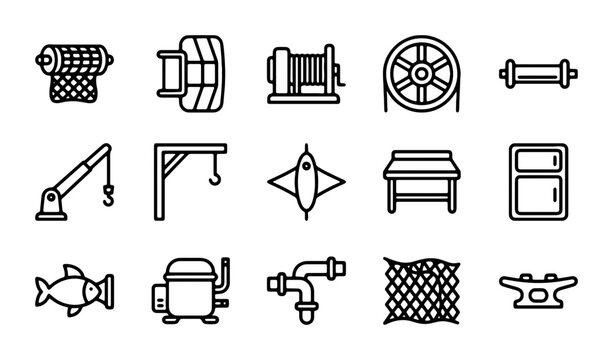 Marine Equipment Icons: Fishing Gear, Winches, Cranes, Anchors, and More