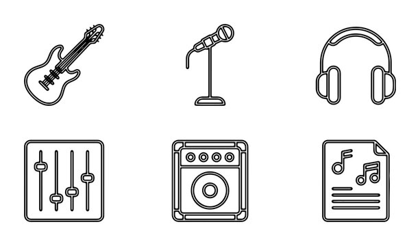 Music Icons Set: Electric Guitar, Microphone, Headphones, Mixer, Amp, Sheet Music