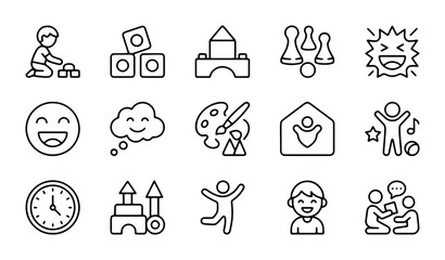 Fototapeta premium Childhood Play Icons, Kids Activities Vector Set, Fun Recreation Graphics, Learning & Joy Symbols