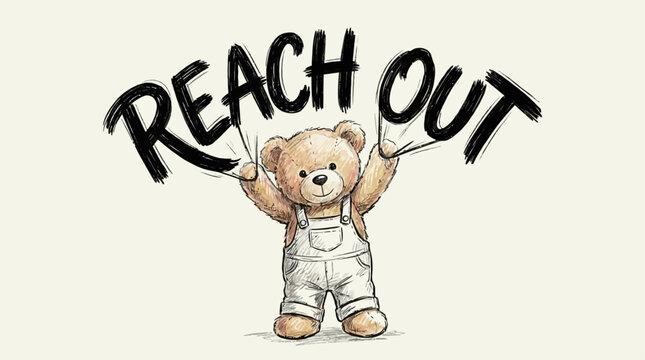 Whimsical charcoal vector illustration of a soft plush teddy bear character reaching out toward motivational text slogan, creative sketch style for support and connection concepts.
