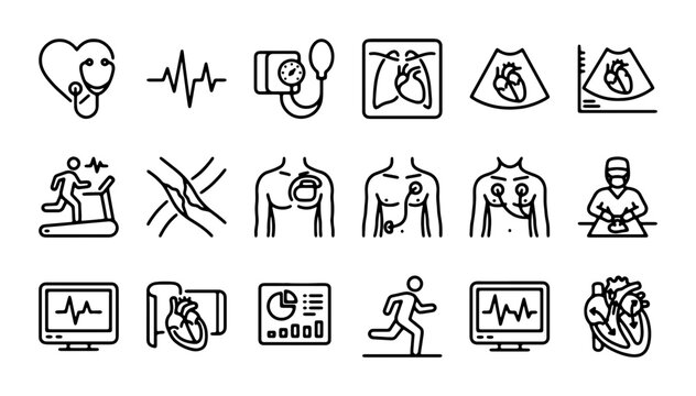 Cardiology Medical Icons Set: Heart Health, ECG, Ultrasound, Blood Pressure, Exercise Testing