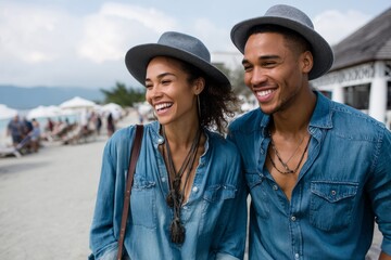 Fototapeta premium Portrait of a blissful multiethnic couple in their 20s sporting a versatile denim shirt in front of bustling beach resort background
