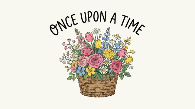 Artistic hand drawn vector illustration of once upon a time narrative slogan embellished with a vibrant colorful bouquet of blossoming spring flowers and decorative botanical foliage elements.