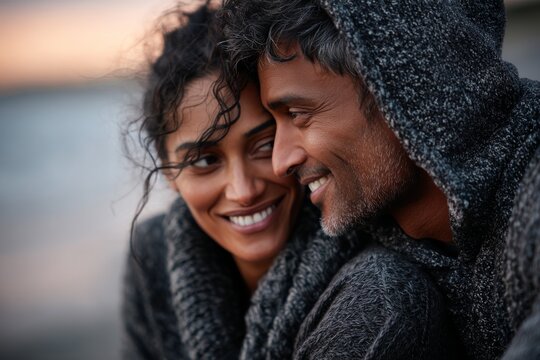 Portrait of a glad indian couple in their 30s wearing a thermal fleece pullover isolated on stunning sunset beach background