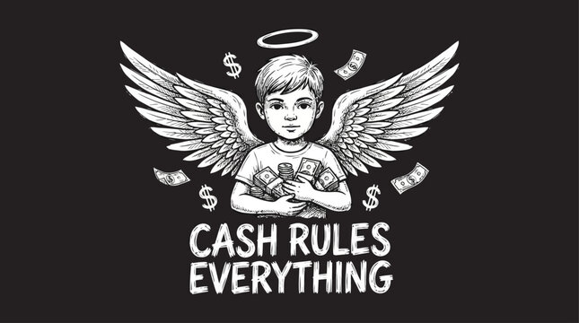 Hand-drawn vector sketch of a monochrome boy angel cherub with money slogan graphic, celestial figure holding currency symbols on a solid black background for artistic financial branding.