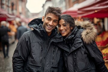 Obraz premium Portrait of a grinning indian couple in their 20s donning a durable down jacket over vibrant market street background