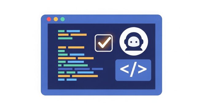 Technology - AI Robot Assistant with Code Editor Checkmark and HTML Tag Icons on Dark IDE Screen