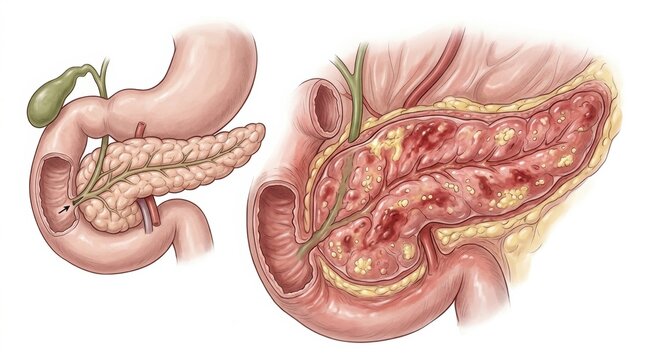 The cross section shows the anatomy of a canine pancreas along with surrounding structures for veterinary study of pancreatitis and pet health.