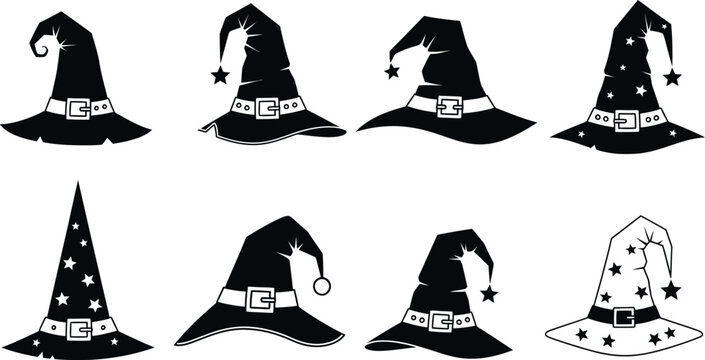 Collection of eight unique black and white witch hats with stars and belts