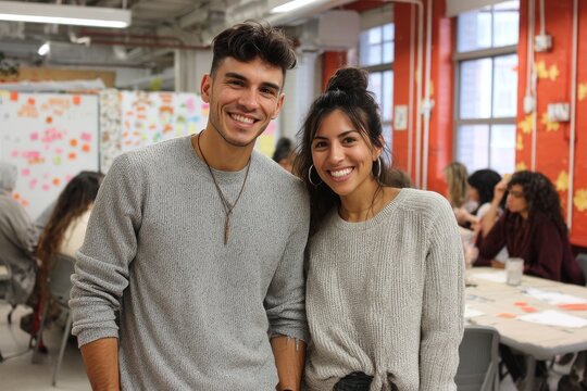 Portrait of a smiling latino couple in their 20s sporting a long-sleeved thermal undershirt isolated on lively classroom background