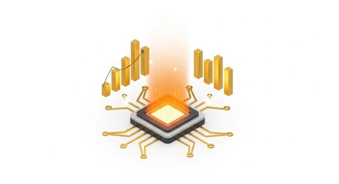 Technology - Glowing AI Processor Chip with Golden Circuit Traces and Rising Bar Chart Data Analytics Visualization