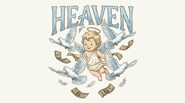 Celestial hand drawn vector illustration featuring a divine cherub baby angel in heaven surrounded by flying cash money bills and elegant white pigeons with a sacred prosperity slogan banner.
