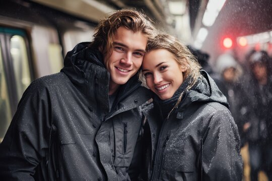 Portrait of a smiling caucasian couple in their 20s sporting a waterproof rain jacket in bustling city subway background