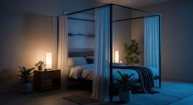 Serene bedroom with canopy bed and soft ambient lighting