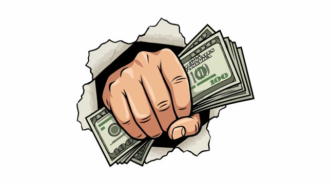Human Hand Bursting Ripping Through White Paper Background Holding Bundle of Cash Currency Money Vector Illustration Representing Profit Success Wealth Opportunity Finance