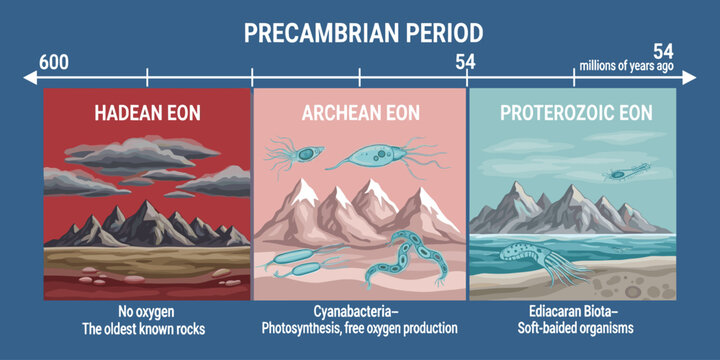 Precambrian eon timeline showing evolution from Hadean Archean and Proterozoic eras.