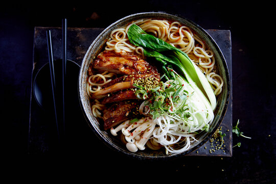 Pork spare ribs ramen with bok choy and noodles