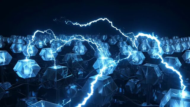 A striking digital artwork depicts a vibrant blue lightning bolt arcing across a landscape of interconnected crystalline structures, creating a futuristic and energetic visual.