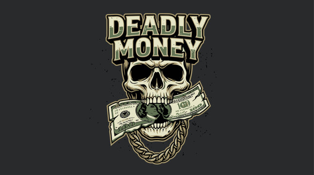 Symbolic vector illustration of a deadly wealth concept featuring a human skull wearing a gold necklace alongside a ripped banknote and a cautionary financial slogan in grunge style.