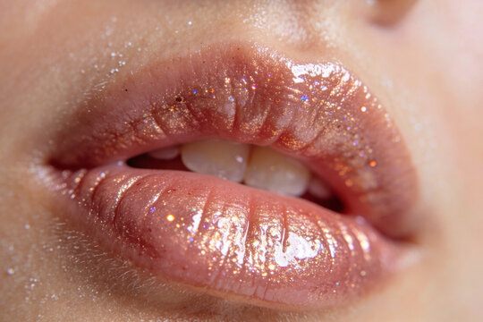 Close up of woman lips with glowing gold glitter makeup. Macro shot of sparkling lip gloss on female mouth. Beauty aesthetic concept for fashion cosmetics, skincare and luxury style.