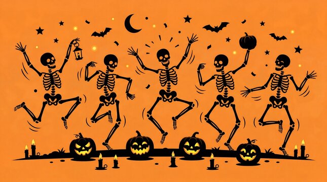 Dancing skeletons celebrating a spooky halloween night on orange