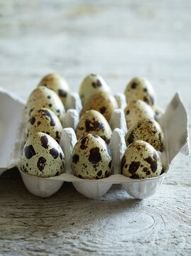 Fresh quail eggs with naturally speckled shells arranged in a recycled cardboard egg carton on a rustic wooden surface, photographed in soft natural light with shallow depth of field