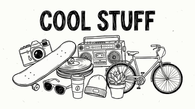 Minimalist line art graphic vector illustration featuring a collection of trendy items and objects accompanied by a stylish cool stuff handwritten slogan text design element.