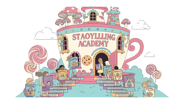 Fairytale Academy of Stories: Whimsical illustration of a story academy built within a teacup, adorned with candy elements and attended by curious children eager to learn.
