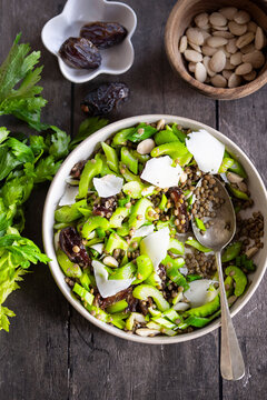 Lentil salad with dates, celery and almonds