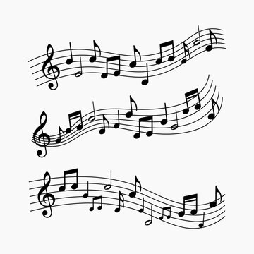 Music notes on a stave or staff. Musical notes waves vector icons