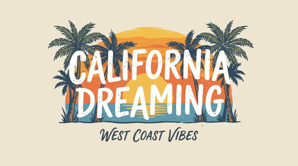 Fototapeta premium Artistic Hand Drawn Vector Illustration Featuring a California Slogan Script with Tropical Palm Trees Background Graphic Design for Summer West Coast Travel and Paradise Beach Aesthetic Vibes.