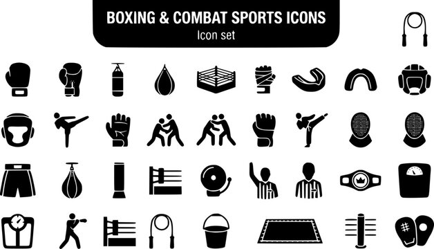 Boxing Combat Sports Icon Series Glove Variants Punching Bag Ring Wraps Mouthguard Sparring Helmet Kickboxing MMA Glove Wrestling Judo Karate Fencing 25 Icons Editable Strokes Flat Vector Sport