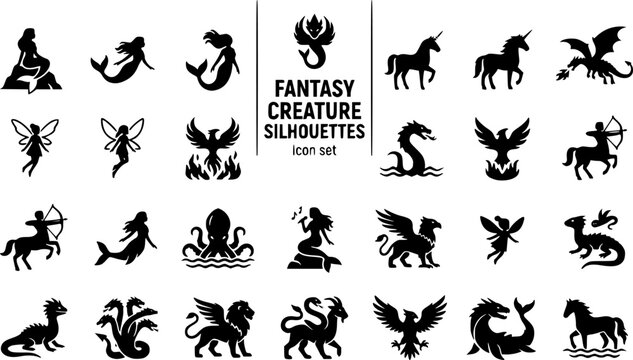 Fantasy Creature Silhouette Icon Set Mermaid Unicorn Dragon Fairy Phoenix Sea Serpent Centaur Selkie Kraken Siren Griffin Sprite Basilisk Hydra Chimera Harpy 20 Icons Editable Strokes Flat Vector Myth