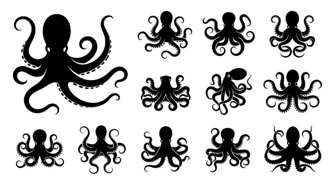 Dynamic set of conceptual octopus silhouettes, illustrating various underwater creature poses for marine-inspired graphic designs and aquatic theme projects