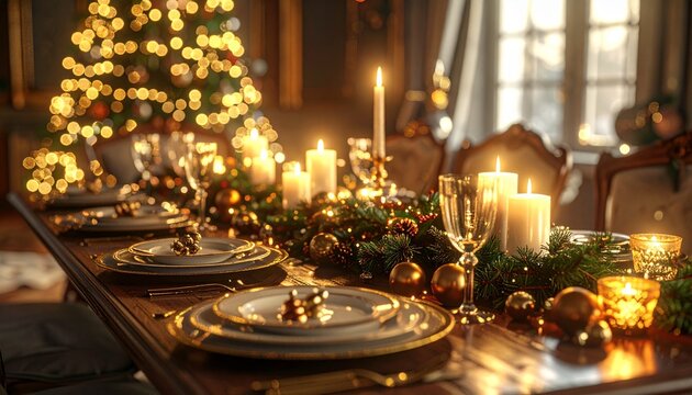 Festlich gedeckter Weihnachtstisch mit goldener Dekoration