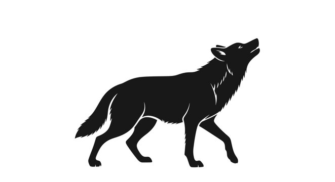 A silhouette of a wolf standing and howling at the sky, a symbol of wild nature and primal instincts, depicted in a stark black and white graphic style