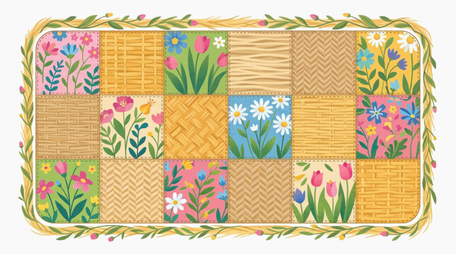 A colorful and whimsical patchwork quilt design featuring various floral patterns and textured squares, bordered by a delicate green vine with small leaves and buds