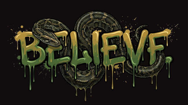 Urban streetwear aesthetic typography featuring the word believe in a dripping liquid font combined with a coiled python snake vector illustration for modern apparel design
