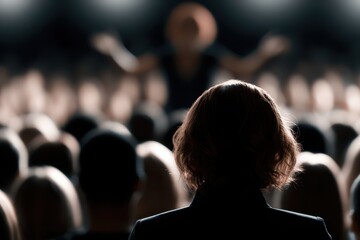 Fototapeta premium A person in the foreground watches a speaker on a stage in a dimly lit auditorium with a crowd.