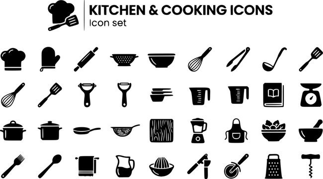 Kitchen Cooking Complete Icon Set Chef Hat Oven Mitt Rolling Pin Colander Mixing Bowl Whisk Tongs Ladle Spatula Timer Cutting Board Grater Measuring Cups Cookbook Scale 30 Icons Editable Strokes Flat 