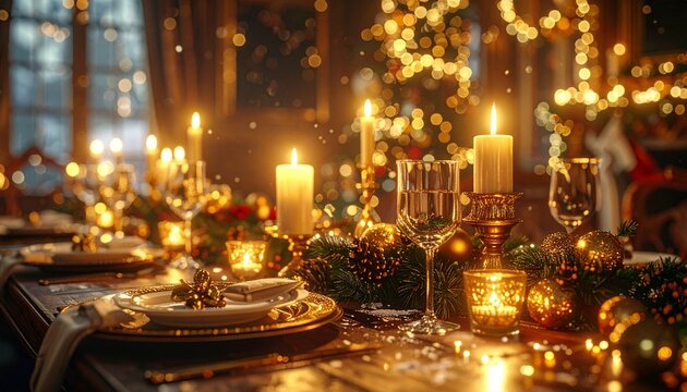 Festlich gedeckter Weihnachtstisch mit goldener Dekoration