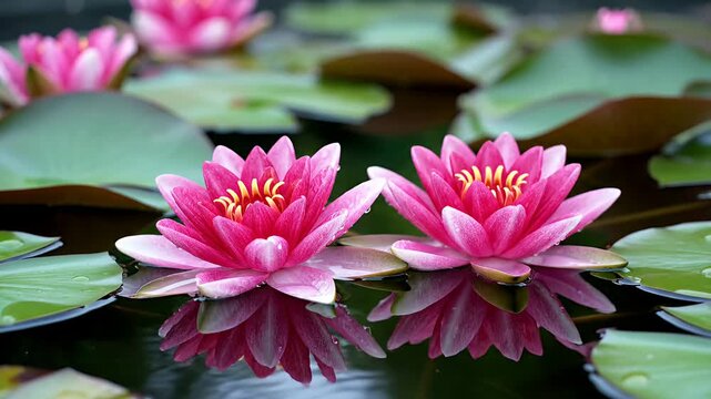 Pink water lilies blooming on a garden pond.