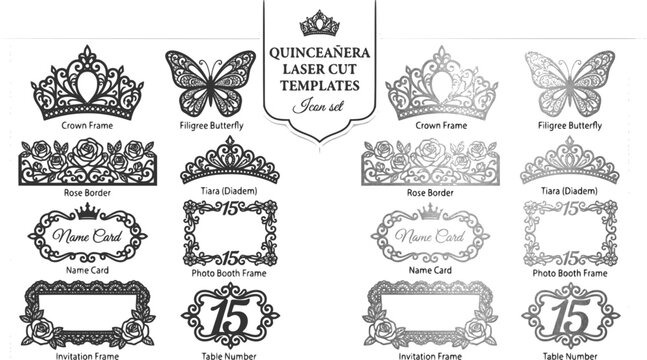 Quincea&ntilde;era Laser Cut Template Crown Frame Butterfly Rose Border Tiara Name Card Photo Booth Invitation Table Number SVG Laser Engraving Cutting File Hispanic Market Party Decoration