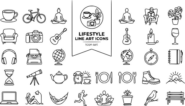 Lifestyle Line Art Icon Set Coffee Cup Bicycle Yoga Book Reader Plant Armchair Camera Guitar Candle Wine Glass Headphones Typewriter Globe Compass Journal Hourglass Telescope 30 Icons Continuous One L
