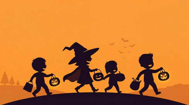 Silhouetted children trick or treating on halloween night