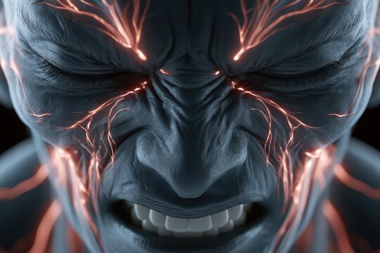 Close-up of a dark, textured alien or monster face with glowing orange veins and a grimacing expression.